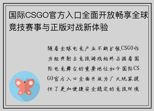 国际CSGO官方入口全面开放畅享全球竞技赛事与正版对战新体验